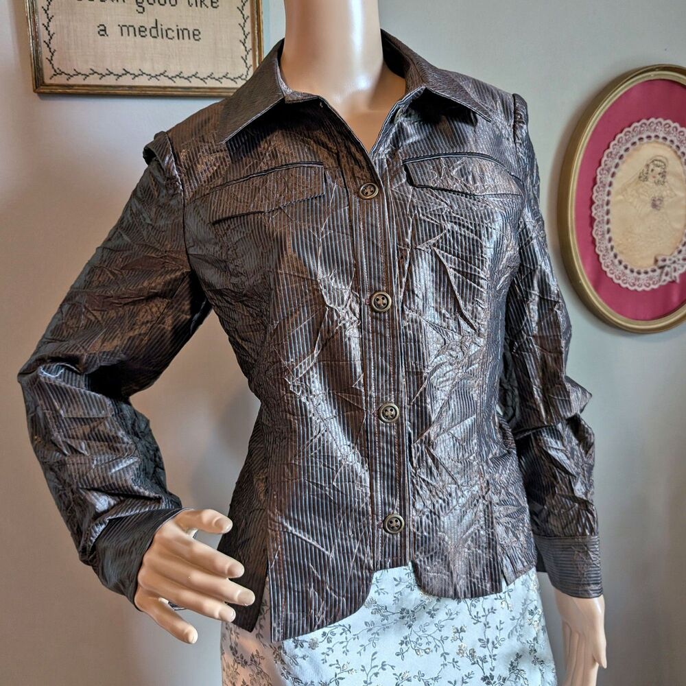 Earl Rutenberg Jacket Striped Shacket Blazer Brown Dark Academia Crinkled Size 6